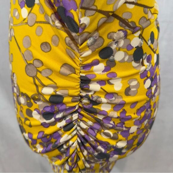 Beautiful yellow and purple abstract print keyhole ruched stretch dress medium - Picture 4 of 8
